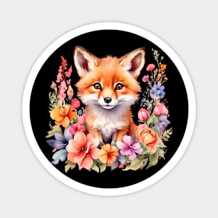 A red fox decorated with beautiful watercolor flowers Magnet